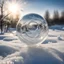 Placeholder: Frozen bubble in front of a snowy landscape, the bubble has wonderful icecrystals and the sun is shining, frozen, cold outside, swirley golden and silver lines,