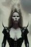 Placeholder: Kim Basinger in black leather gown, evil,energetic, villain, busty, cleavage, curvy, angry, happy, stern look. character design by cory loftis, fenghua zhong, ryohei hase, ismail inceoglu and ruan jia. unreal engine 5, artistic lighting, highly detailed, photorealistic, fantasy