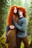 Placeholder: Jeune couple, visage hyper détaillé, réaliste. Forêt fantaisiste détaillée,paysage magnifique, Fille rousse aux cheveux raides et longs, garçon grand, musclé très longs cheveux bruns très bouclés. Fille jean pull, garçon tenue de bûcheron.