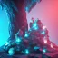 Placeholder: transparent crystal, on an altar in a foggy cave, cinematic,turqoise, bright light colors