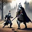 Placeholder: Duel of Knights: the knight in Gothic armor uses a poleaxe to defeat his opponents