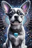 Placeholder: large eyed happy puppy grey frenchton in the distance intricate HEART shaped majestic cinematic holographic painting of a high magnitude of a many abstract big dots wrapped in smoke lines of a wanting to become an emitter fractal, cinematic eye view