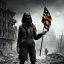 Placeholder: women, faces covered in black masks, ragged clothes, holding flag, realistic, Life Magazine photgraphy, war-torn, destroyed city in the background, 8k resolution, hyperrealistic, detailed matte painting, b&w, dynamic lighting, war, anarchy, rebels, terrorists