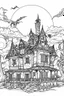 Placeholder: A haunted house with bats flying around and a full moon in the background. Outline, sketch style, only use outline, mandala style, clean line art, white background, no shadows, no clear wall, coloring page.