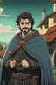 Placeholder: Jjk screen with short, curly black hair, big brown eyes, and a short mustache. Beautiful background scenery of a house behind him with a sword in his hand and the cloak of the reconnaissance group. With studio art screenshot in studio