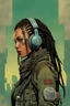 Placeholder: front facing full length portrait illustration of a grunge armored female with beaded dreadlock hair cyberpunk vampire mercenary with gas mask, telecommunications headset, and shemagh, highly detailed with gritty post apocalyptic textures, toxic irradiated landscape, finely detailed facial features and hair, in the graphic novel style of Bill Sienkiewicz, and Jean Giraud Moebius, with elements of collage, mimeograph, and pen and ink