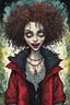 Placeholder: a cartoon illustration of a schizophrenic curly haired vampire girl , in the cartoon style of Lynda Barry , Ernie Pook's Comeek, vibrant natural colors, , museum quality masterpiece