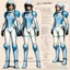 Placeholder: character concept sheet with AD&D statistics and characteristics for the TTPRG "Valerian and Laureline", [illustration by Jean-Claude Mézières (1967)] spacio-temporal agent Lyra Vey (female human), in spacesuit, ready on trade