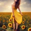 Placeholder: woman standing in sunflower field, back, windy, long brown hair, yellow dress