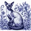 Placeholder: detailed Toile De Jouy style Oriental shorthair Siamese cat sitting in a garden. done in blue on white background