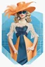 Placeholder: full body beautiful girl, elegant orange,lace clothes of the 80s, luxury style, small elegant hat with feather, hair of the 80s, pearl necklace, earrings masterful, beautiful face,blue backdrop