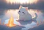 Placeholder: Against a dark cracked holographic marble background, a cute chibi plushy fluffy knitted and embroidered cat, tent, campfire, pond, mist and fog in sunshine, drawn in orange glowing neon lines. The cracks in the background are golden. Ethereal, cinematic postprocessing.