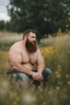 Placeholder: full figure photography, shy muscular big fat chubby, 35mm lens, burly italian man short hair, 29years old sitting in the meadow with a flower in a hand, near a big farm , red short beard, , hairy armpits, manly armpits, ugly, manly chest, hairy chest, big shoulders, , huge belly, manly chest, shirtless, with boxer, emotive eyes looking at camera, photorealistic ,sunlight , ambient occlusion, side view, poetic composition, golden ratio