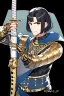 Placeholder: A handsome 30 year old knight, black hair, dark blue eyes, male bob haircut, in black-and-gold plate armor, golden katana in hands, no beard, european, portrait