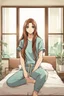 Placeholder: attractive anime woman with brunette long tied hair, t-shirt and sweatpants, full body in frame, bedroom setting