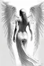 Placeholder: full body woman angel from back, angel wings coming through from her back skin, bun haired angel wearing long tunic ultra realistic drawing