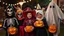 Placeholder: Halloween celebration, young children in disguises, fancy dress, scary masks, skeleton, ghost, trick-or-treat, fun, happy, excitement, carved-pumpkin-faces, spooky, night, award-winning photograph