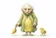 Placeholder: Artist Jean-Baptiste Monge style. A biomorph banana-headed old woman. White eyes. A yellow dotted green furry feathered fluffy dress.