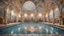 Placeholder: Superb symmetrical pictorial multicoloured mosaic floor, swimming pool, bathers, swimmers, water feature, walls with pictures of bathers and swimmers, symmetrical cathedral style high ceiling, relaxation, romance, luxury, dream world, calm beauty, perfect symmetry, fantasy world, magic, beautiful symmetrical composition, exquisite detail, 85mm lens, adjust perspective, chiaroscuro, night, darkness, dramatic lighting