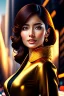 Placeholder: Young business woman, dark orange eyes, dark brown hair, elegant hair, thin lips, gold hoop earrings, waist up portrait, 8k resolution, intricate details, ornate details, soft lighting, vibrant colors, retroanime, masterpiece, realistic, intricate eyeliner, dark eyeshadow, eyes,futuristic cityscape background