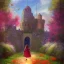 Placeholder:  Castle into sky, with flowers of fire. Green clouds and birds. Shy girl going out of the main gate. Detailed painting, soft color, medieval, intricate detail, far sceen, complementary colors, medieval concept art, spring.