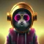 Placeholder: stylized Rabbit toddler, smiling, cyberpunk headphone, sunglass, gangsta gold neckless, full body, magenta puffer jacket, manila city backdrop, dramatic lighting, hyper realistic, unreal engine 5, 16k