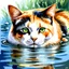 Placeholder: Golden ratio, ultra detailed watercolor painting, wet on wet painting, soft edges beautiful (((Masterpiece))) Create an image of a calico cat partially submerged in water, with its face and upper neck visible just above the surface. The cat has distinct patches of orange, black, and white fur, giving it a vibrant and colorful appearance. Its eyes are large and expressive, with a bright green hue that reflects the light filtering through the water. The background is a rich und
