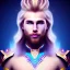 Placeholder: smiling beautiful long hair blond man face with small cristal diadem on the forehead , cosmic armor and cosmic purple and blue sky behind