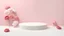 Placeholder: Mockup Empty White Podium With Floral Peonies Flower Pink And Red Falling On The Floor With Pink Pastel Background 3d Render