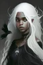 Placeholder: Young lady who is black witch and has black and littl lock white hair and great bower