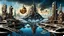 Placeholder: a stunningly weird image of a futuristic floating metropolis using Salvador Dali's paranoiac-critical method, where buildings and structures appear to melt into the skyline cityscape is filled with floating mad, twisted sharp metal shapes that interact with the buildings and each other, forming a surreal tableau of a dreamlike reality. neu-steampunk vibe, essence of the scene in a cinematic manner, with dramatic shadows that enhance the distorted perspectives and bizarre