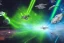 Placeholder: spaceship battle, spaceships, explosions, lasers, green lasers, explosions, painting