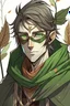 Placeholder: A light anime manga style cartoon sketch of a DND type male wood elf character with an eyepatch over his right eye with a cloak of leaves