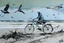 Placeholder: a long-legged lean black-grey monk with ((beak-shaped heads)) (wearing white khiton) riding a bike in front of a spider wreck on a radioactive beach, side view, acrylic painting, minimal art, centered, wild sparse brushstrokes, amazing verticals, great parallels, low bleak colors of gray, pale green, blue and black, excellent negative space contrasts