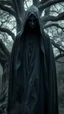 Placeholder: In a mesmerizing and ethereal manner, an otherworldly being emerges in the form of a translucent grey hood statue flowing smoky black robes. Forward facing a big tree in the background