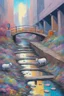 Placeholder: painting of a cyberpunk colourful natural walkway rubbish on the street in the city with pollution and a small bridge by a creek with electric sheep and androids by monet