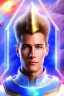 Placeholder: cosmic very young man from the future, one fine whole face, large cosmic forehead, crystalline skin, expressive blue eyes, blue hair, smiling lips, very nice smile, costume pleiadian,rainbow ufo Beautiful tall pleiadian Galactic commander, ship, perfect datailed golden galactic suit, high rank, long purple hair, hand whit five perfect detailed finger, amazing big green eyes, smilling mouth, high drfinition lips, cosmic happiness, bright colors, blue, pink, gold, jewels, realistic, real