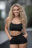 Placeholder: extremely tiny, thin, beautiful 21-year-old Sheena Greane with long, wavy curly blonde hair, wearing black strapless sports bra and cotton shorts, smiling a happy smile, extremely giant, oversized, humongous orbs, pitch black background, professional quality studio 35mm 8x10 uhd photograph,