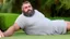 Placeholder: close up photography of a chubby sensual bearded marocan burly ugly stocky 65 years old , relaxing on the grass , in a garden, sunlight, manly chest with tank top, short pants, open legs, photorealistic, side view, ambient occlusion