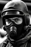 Placeholder: Soldier of SpermWatch in black and white uniform and balaclava wearing a helmet that has a little sperm decal on it