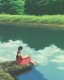 Placeholder: girl sitting by the river, green landscape with oversized trees, at dusk, ghibli