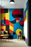 Placeholder: Create handpainted wall mural featuring a variety of bold and contrasting geometric shapes, embodying the spirit of Suprematist art. Use a vibrant color palette for a visually striking effect.