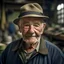 Placeholder: retrato de un anciano con un sombrero de pesca en un taller mecanico