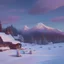 Placeholder: landscape mountain small cabin snow, oil painting, pink, blue, white colors, bob ross style, detailed