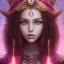 Placeholder: Fire witch, sweet looking, intimidating beauty, young, round face, pale freckled skin, wild curly pink hair, red color eyes, wearing a pink witch hat, wearing a glowing pink and red crystal necklace