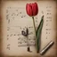 Placeholder: Hyper realistic red tulip on the side of a vintage paper with harmonica instrument & small musical notes