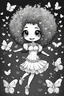 Placeholder: create a coloring page of a chibi girl with a curly afro ponytails dancing around hearts and butterflies. she smilies while shes playing, black and white