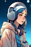Placeholder: Arab beautiful teenager wearing headphones , looking to the moon, anime style
