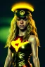 Placeholder: portrait, Shakira, blonde, angry, Realistic image, superhero, retro, watchmen style, gold make-up, blood, sweat, fog, goddess style, Neon colors, leds. Black background, photo studio, concept art, smooth, unreal engine 5, god lights, ray tracing, RTX, lumen lighting, ultra detail, volumetric lighting, 3d, finely drawn, high definition, 4k.