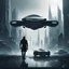 Placeholder: Ground level dark futuristic city scape. small amount of grey haze. Silhouette of a man. futuristic hover car in the foreground.